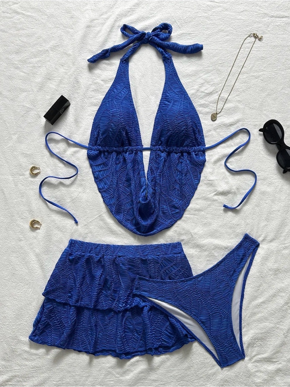 Blue Halter Tie Women's Swim Set with Skirt